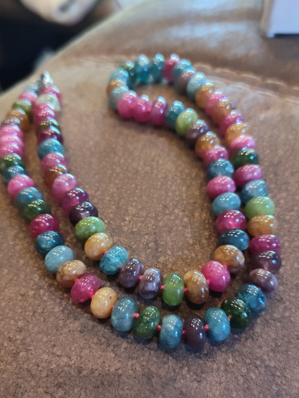 Tourmaline Watermelon Gemstone 18 inch Necklace Rondell Beads Hand knotted